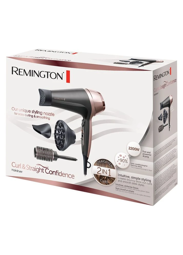 Фен Curl&Straight Confidence, 2200Вт, 3 режима, диффузор, расческа, иониза, холл. обдув, черно-беж Remington (315600869)