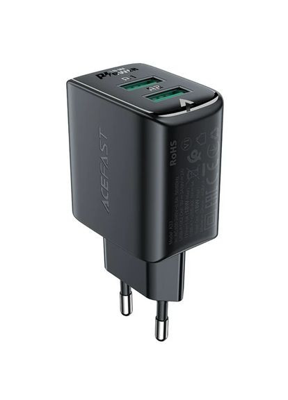 Зарядний пристрій із швидкою зарядкою A33 QC18W |2USB| Чорний Acefast (337352108)