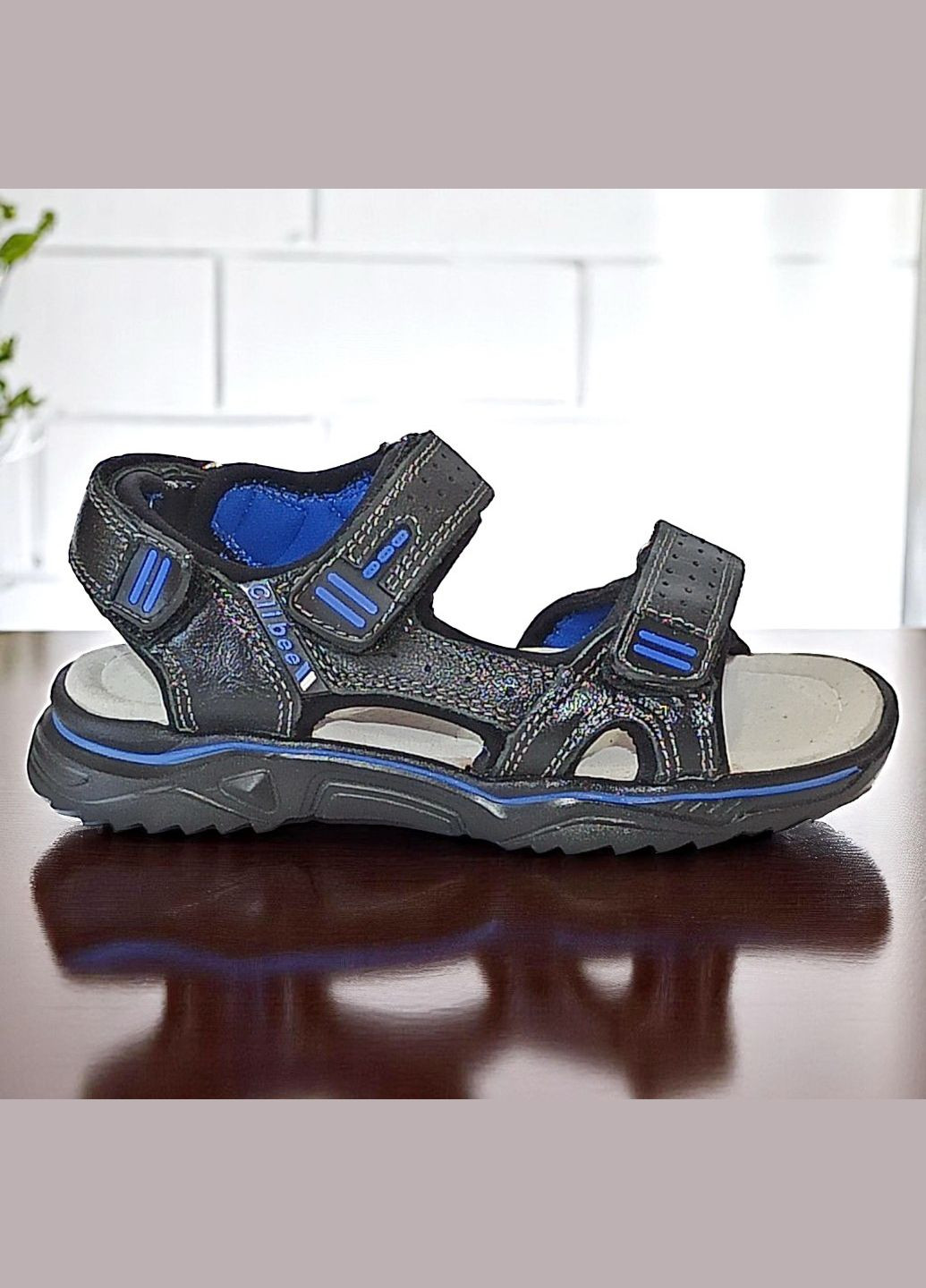 Черные спортивные, повседневные открытыте кожаные босоножки спортивные сандалии на липучках для мальчика Clibee на липучке