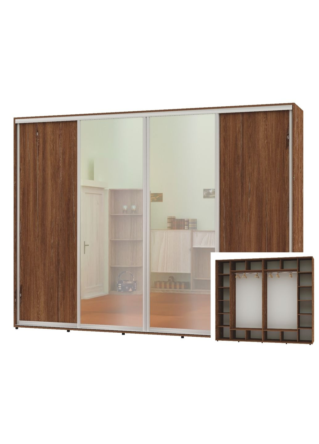 Шкаф-купе четырехдверный 300*60*230 Дуб винтаж 2 ДСП/2 Зеркала Алекса (360464146)