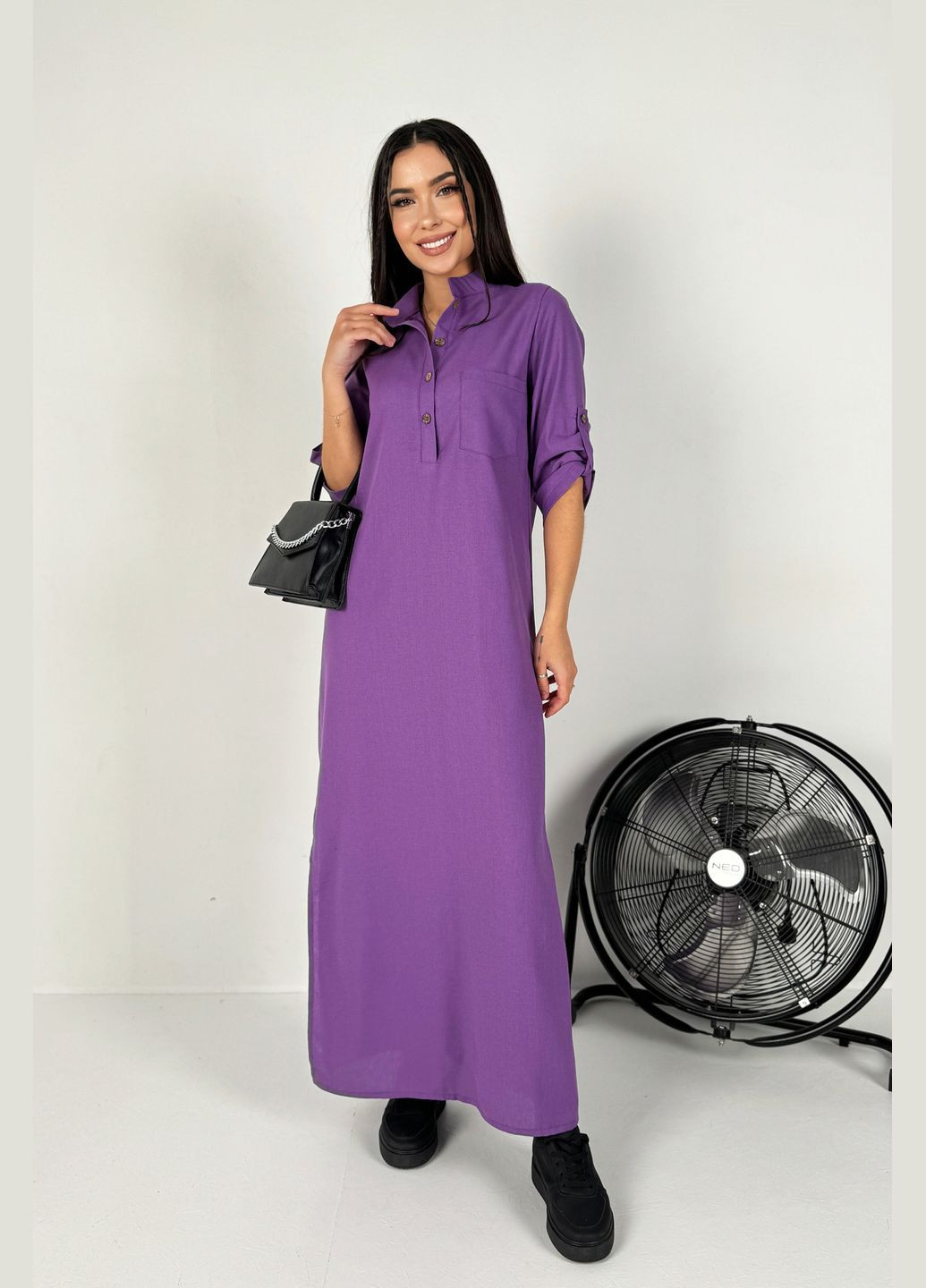 Фіолетова повсякденний, кежуал модна легка довга лляна сукня з розрізами INNOE однотонна