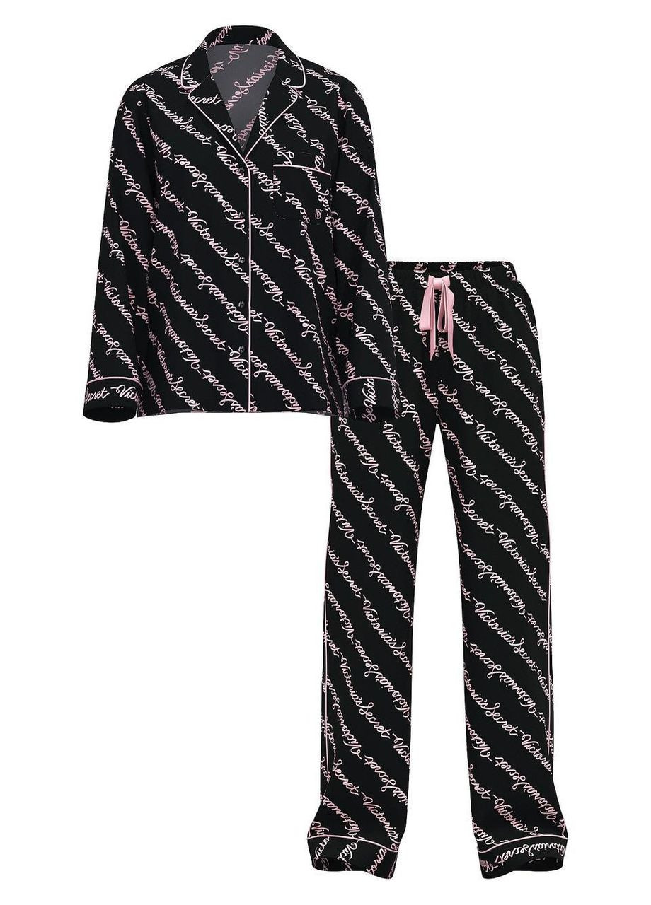 Черная всесезон женская пижама (штаны+рубашка) flannel pajama xxl black ribbon script Victoria's Secret