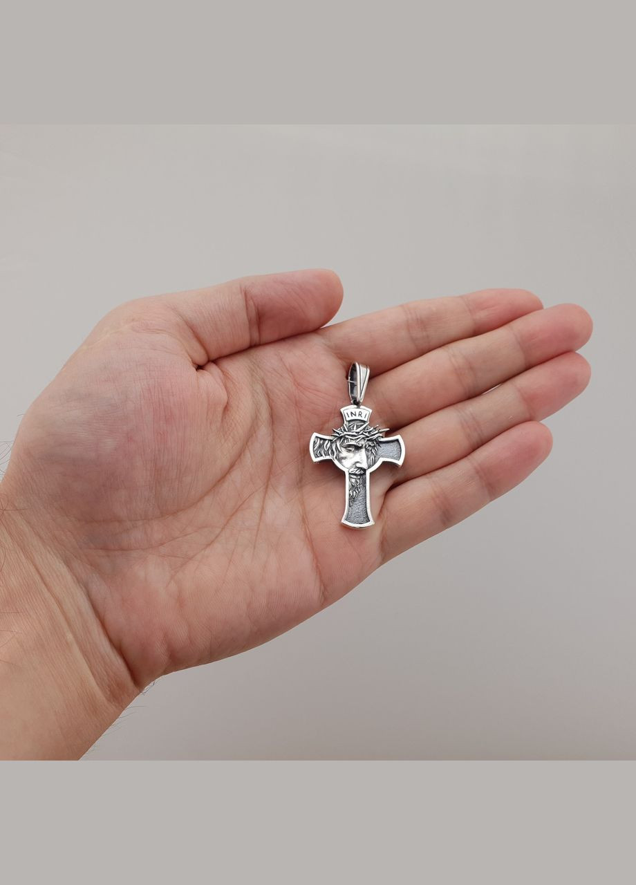Масивний срібний кулон хрестик образ Ісуса в терновому вінку. Чоловічий православний хрест зі срібла 925 ZLATO (277979719)