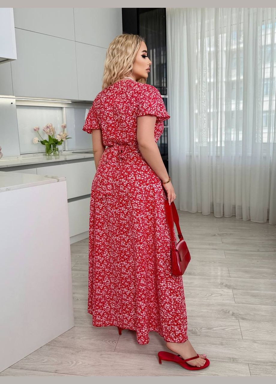 Червона актуальна та модна сукня з легкої тканини на запах Україна з квітковим принтом