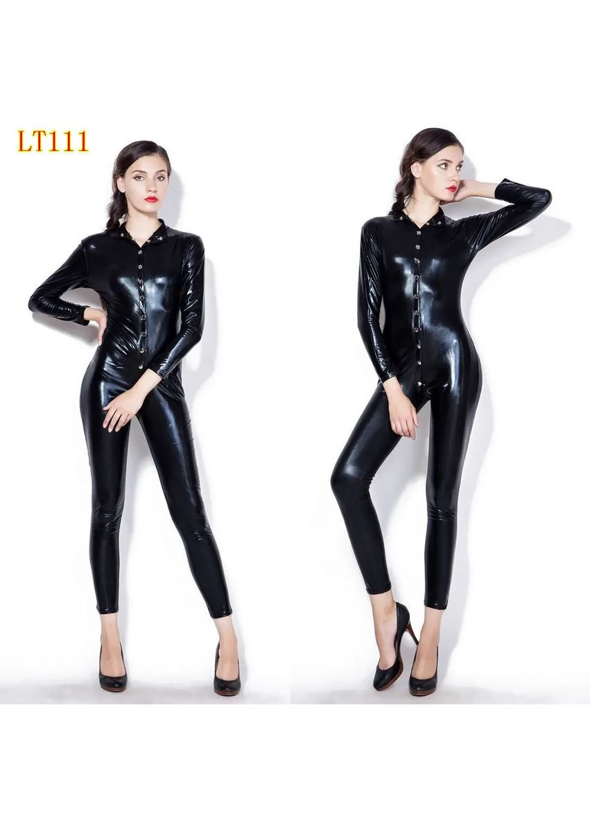 Черный демисезонный сексуальный, обжатый комбинезон из латекса на кнопках. черный женский латексный комбинезон на кнопках. No Brand