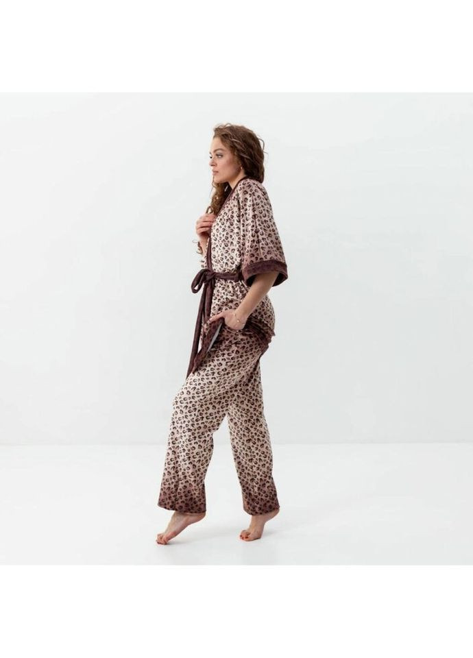 Комбінована всесезон комплект жіночий з плюшевого велюру штани та халат леопард 3446_xl 16070 xl FlexDress