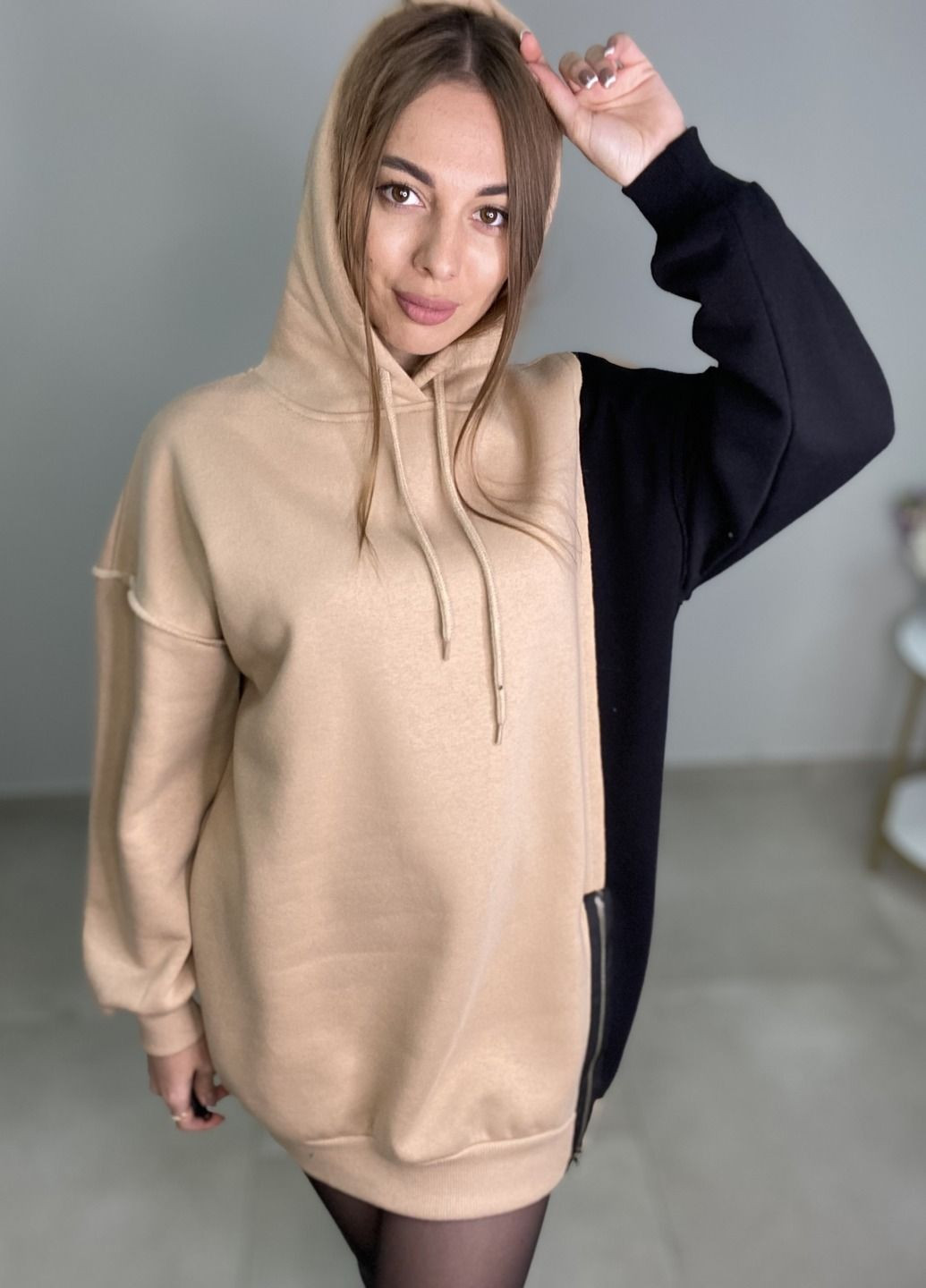 Туника с капюшоном бежево-черного цвета. LSK Оверсайз (362695308)