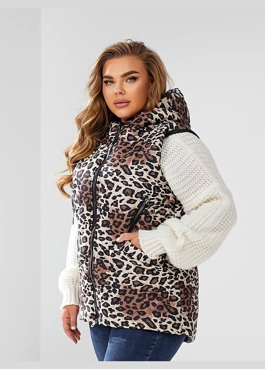 Женский теплый стеганный леопардовый жилет из плащевки с капюшоном весна осень No Brand (316454457)