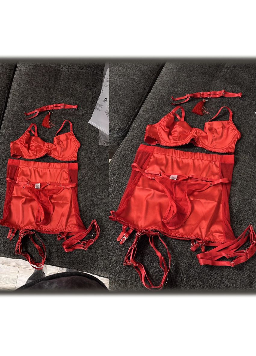 Червоний еротичний комплект білизни з міні-спідницею та гартерами з відкритим доступом No Brand