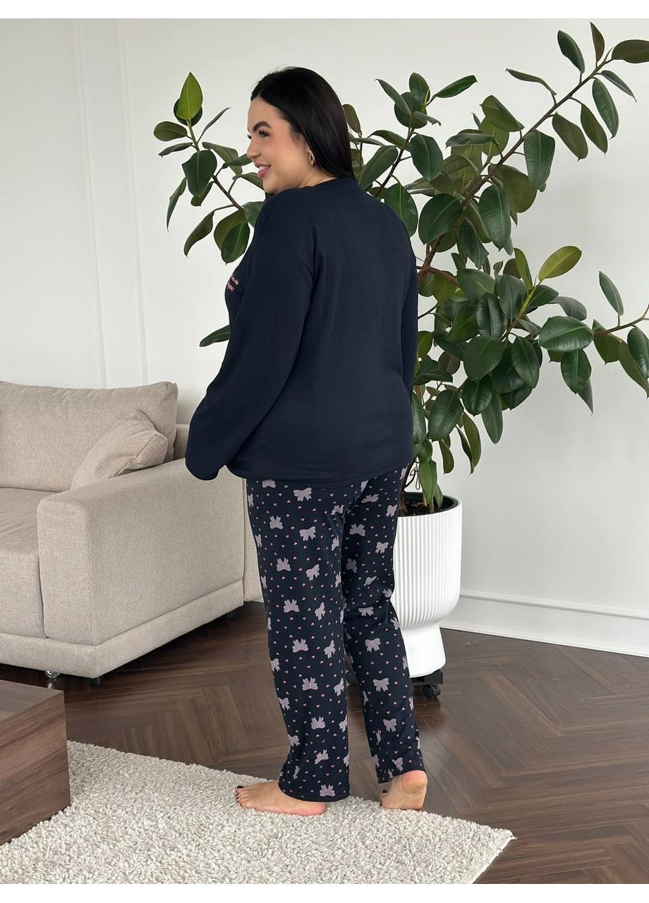 Синя жіноча піжама plus size синя з принтом котиків і сердечок / піжама жіноча великих розмірів темно-синя трикотажна No Brand