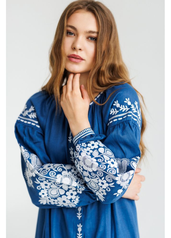 Синя жіноча лляна сукня-вишиванка (fm2926) Folk Moda (365729915)