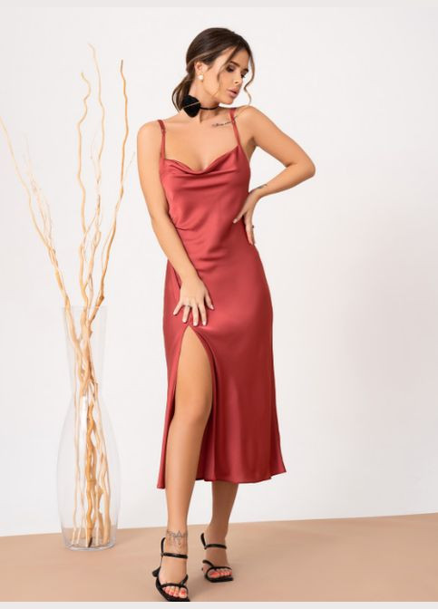 Терракотовое праздничный, кэжуал, коктейльное, вечернее трендовое шелковое платье на бретельках платье-комбинация No Brand однотонное