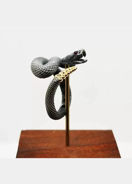 Преміум каблучка чорна Гримуча Змія з відкритою пащею і золотою тріскачкою розмір регульований Fashion Jewelry (289355710)