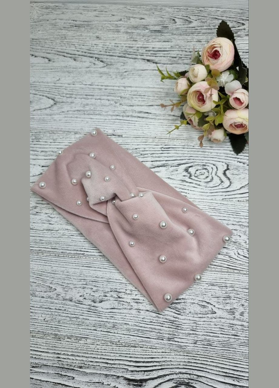 Пов'язка - чалма на голову широка тепла велюрова з перлинами пудра рожева No Brand (358204259)