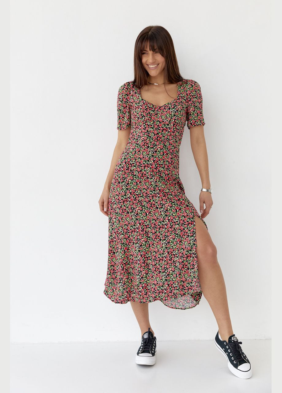 Чорна повсякденний сукня міді з розрізом у квітковий принт 2357 Lurex з квітковим принтом