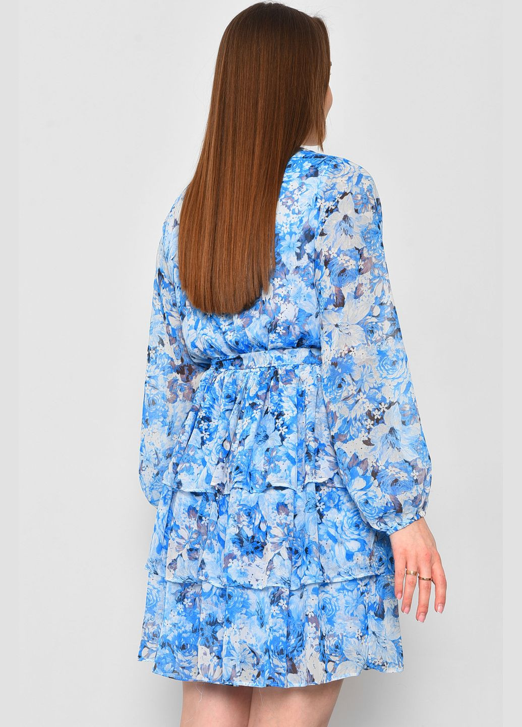 Голубое кэжуал платье женское шифоновое голубого цвета с цветочным принтом баллон Let's Shop с цветочным принтом