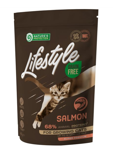 Сухой беззерновой корм для кошек с лососем Lifestyle Grain Free Salmon Kitten 400г Nature's Protection (362023462)