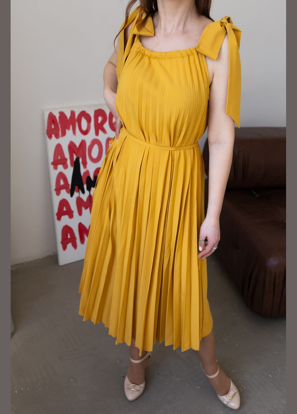 Летний женский летний плиссированный сарафан горчичный Capricious однотонный