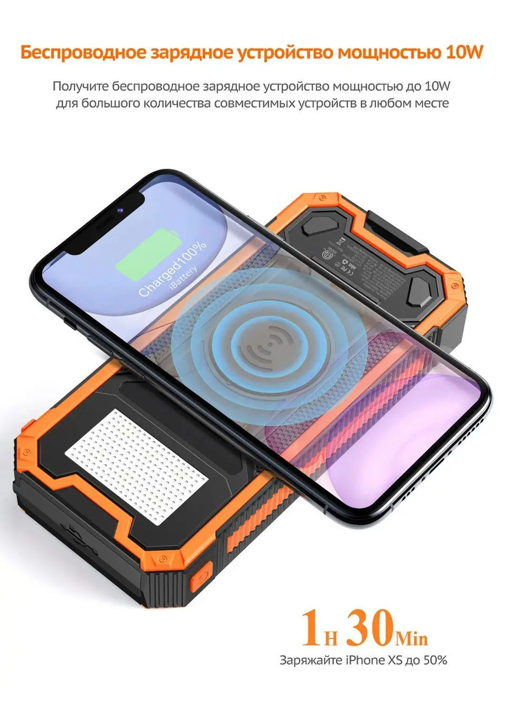 Зарядний пристрій на сонячних батареях iBattery YD-888KW 30000mAh з ліхтариком та бездротовою зарядкою No Brand (332636589)