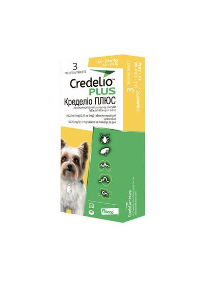 Противопаразитарные таблетки для собак Credelio Plus от блох, клещей и гельминтов 1.4-2.8 кг 3 шт. Elanco (340232961)