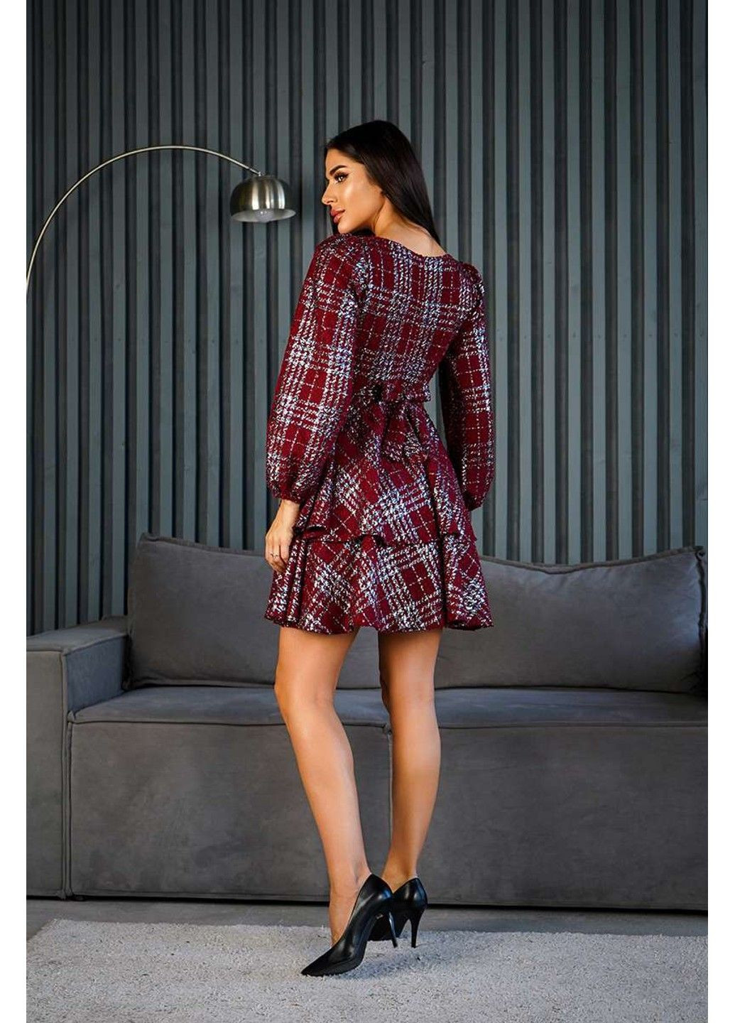 Бордова коктейльна сукня букле кліточка 24086 бордова Tanita-Romario