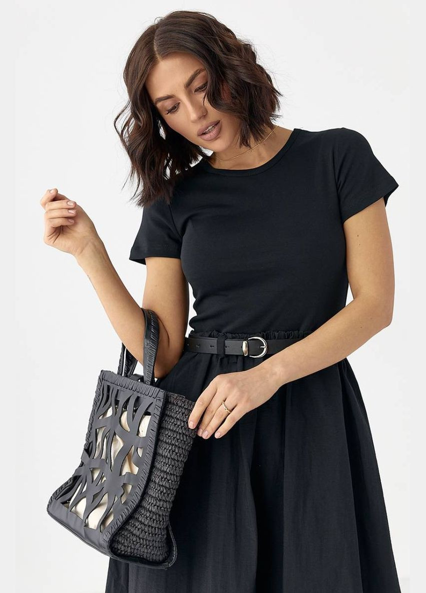 Черное женское длинное платье с поясом Lurex