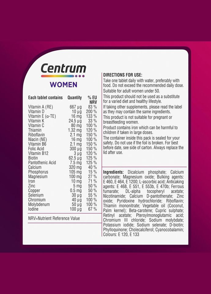 Вітамінно-мінеральний комплекс для жінок від 50 років Women 50+ (30 таблеток на 30 днів) Centrum (290254257)