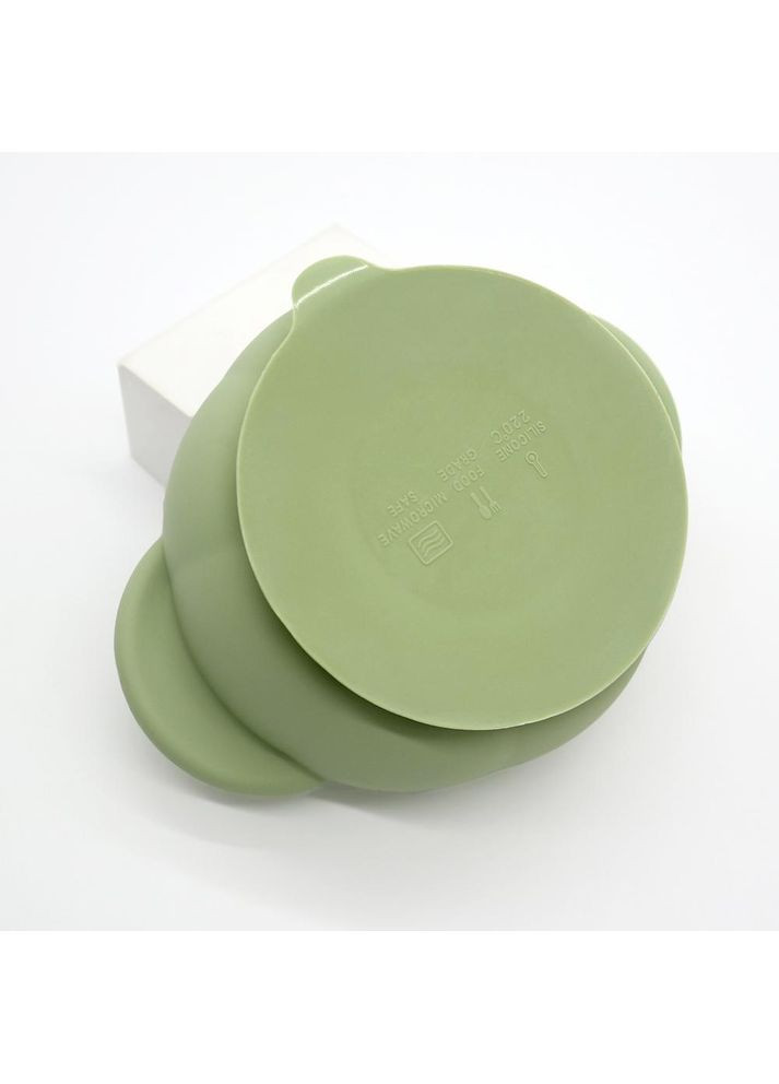 Набір силіконового дитячого посуду для прикорму на присосках оливковий+Силіконова пустушка ортодонтична вуса Англійські Cheeks (350315146)