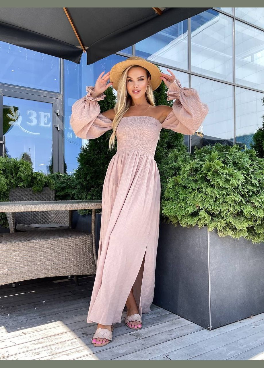 Чорна довга муслінова сукня пудрового кольору 31986 а-силует Fashion однотонна