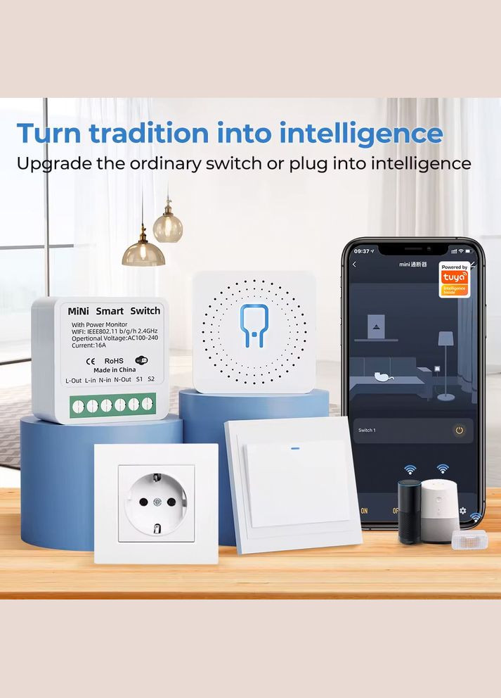 Разумное реле Mini Smart Swith 16А с WiFi модулем Smart Home 16A напряжения 100240В TUYA (300091548)