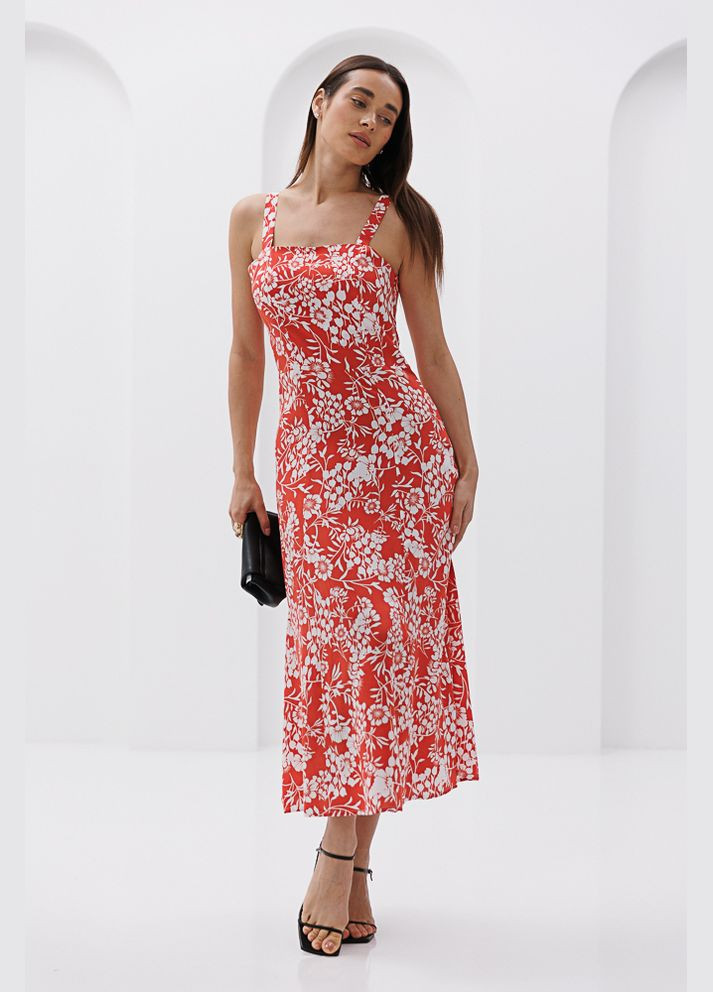 Коралловое женское летнее платье миди темно-синее с цветочными узорами и разрезом Arjen