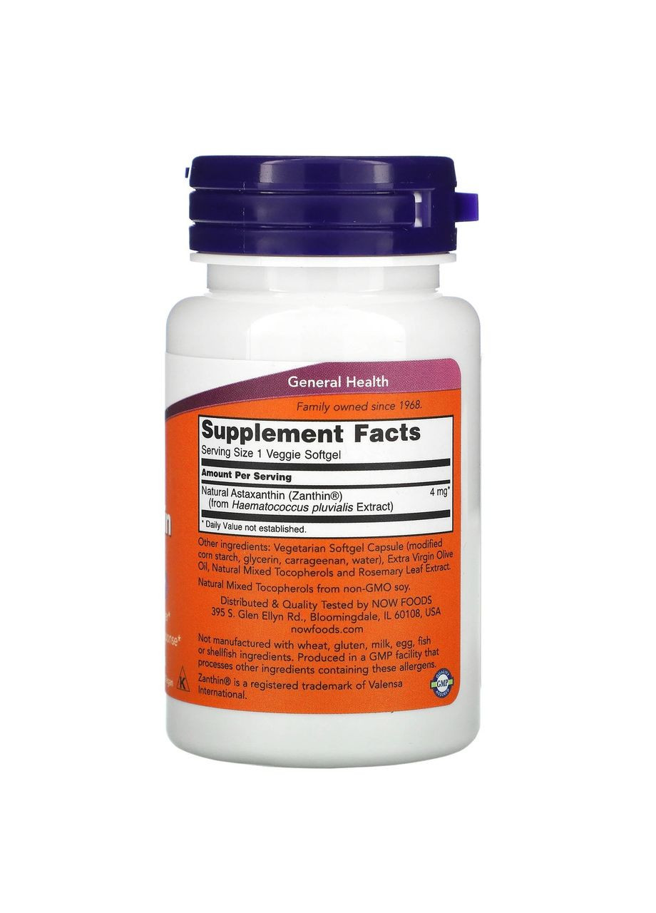Астаксантин 4 мг Astaxanthin антиоксидант каротиноид для здоровья глаз 60 растительных капсул Now Foods (263517325)