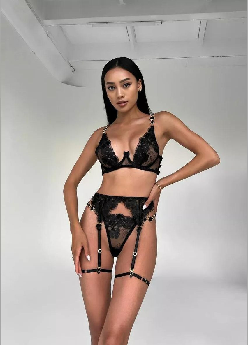 Чорний демісезонний стильний мереживний комплект білизни з гартерами поясом для панчіх жіночий набір спокусливої білизни з мережива чорний Cindylove
