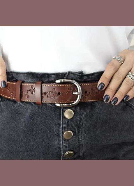 Ремень кожаный женский с цветами коричневый батал SF-3531 (145 см) SFIP (330224875)