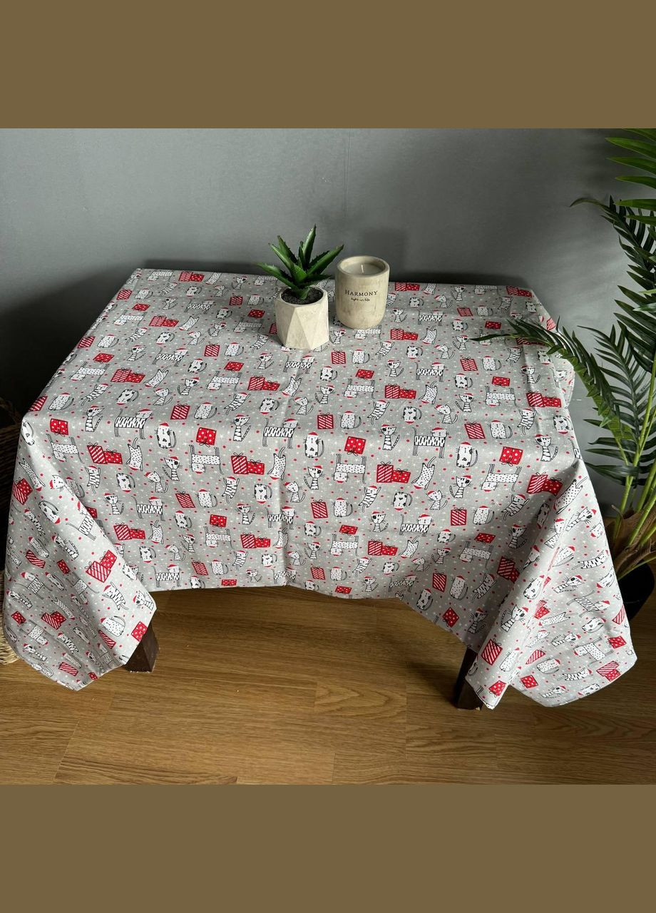 Скатертина Новорічні котики рогожка 150 х 220 см Сіра No Brand (302815285)