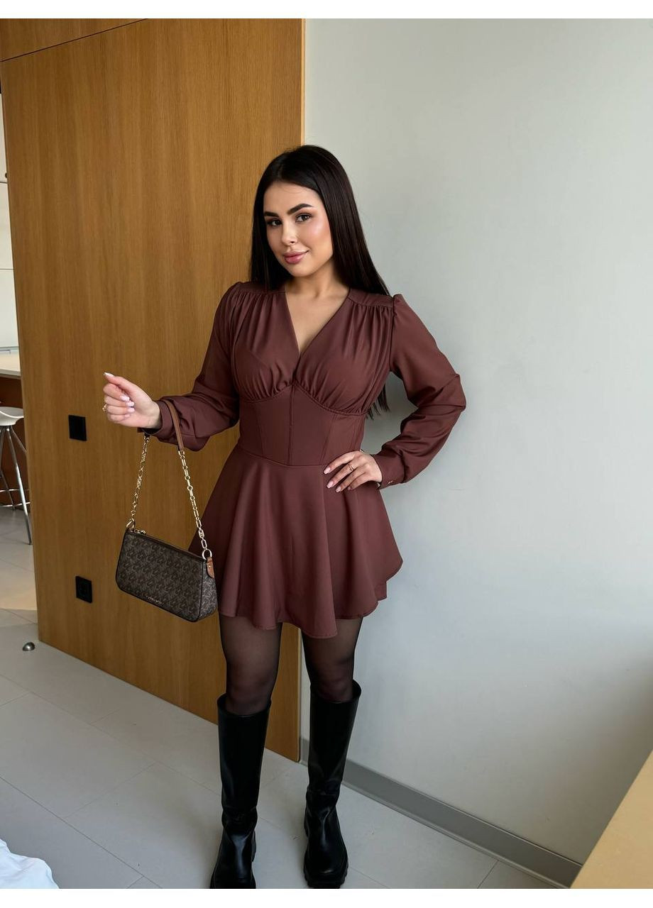 Коричневое коктейльное стильное платье-комбинезон с имитацией корсета No Brand