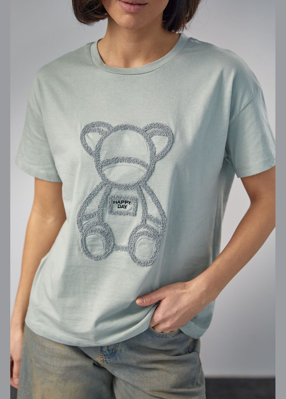 Хакі (оливкова) літня трикотажна футболка з ведмедиком - хакі Lurex