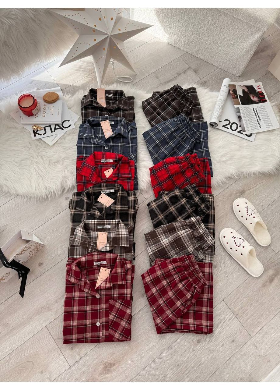 Коричнева жіноча фланелева піжама в клітинку сорочка + брюки No Brand С832/833-806/5