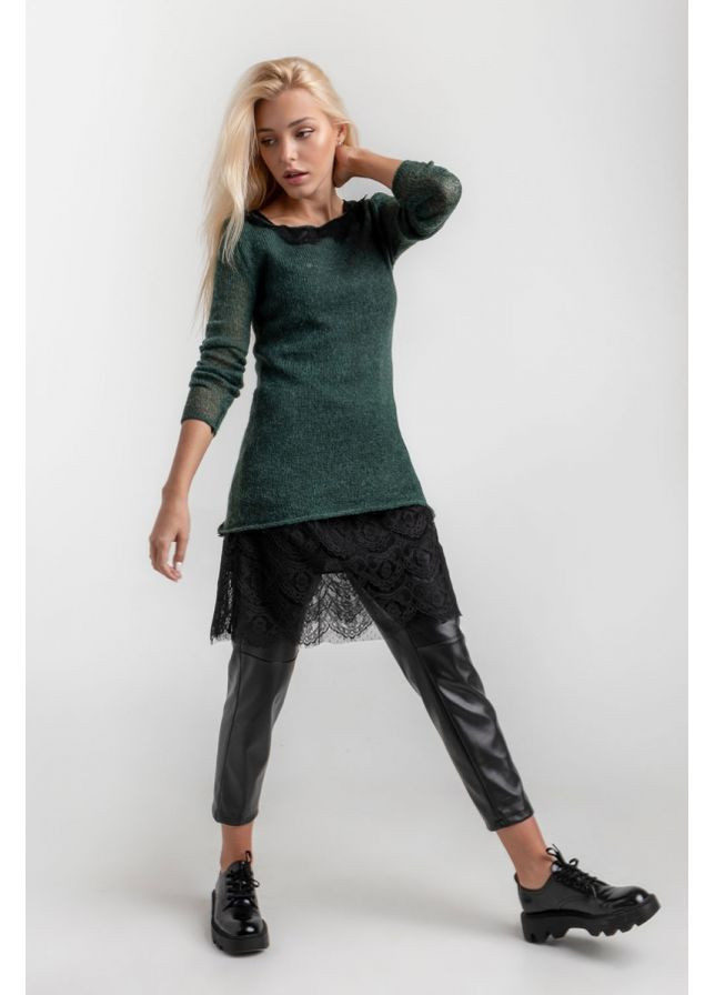 Зелена повсякденний універсальний комплект з в'язаної туніки та сукні з креп-шифону з мереживом (1477) Triko Bakh