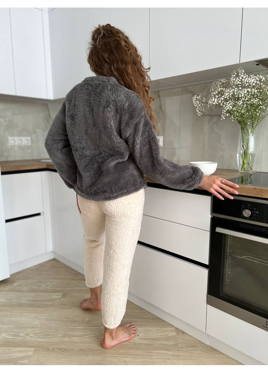 Серая женская махровая пижама двойка серо-бежевая лонгслив + брюки No Brand піжама