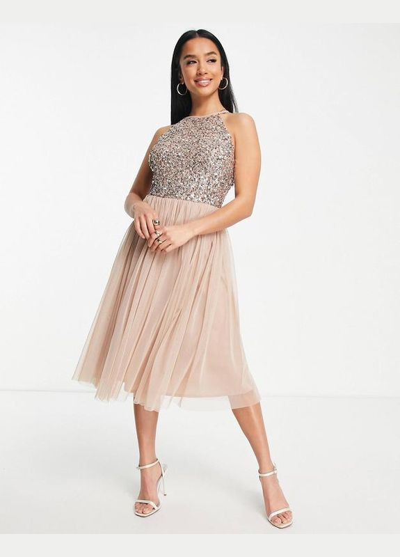 Бежевое коктейльное, вечернее, праздничный платье миди с отделкой пайетками вечерняя maya клеш Asos