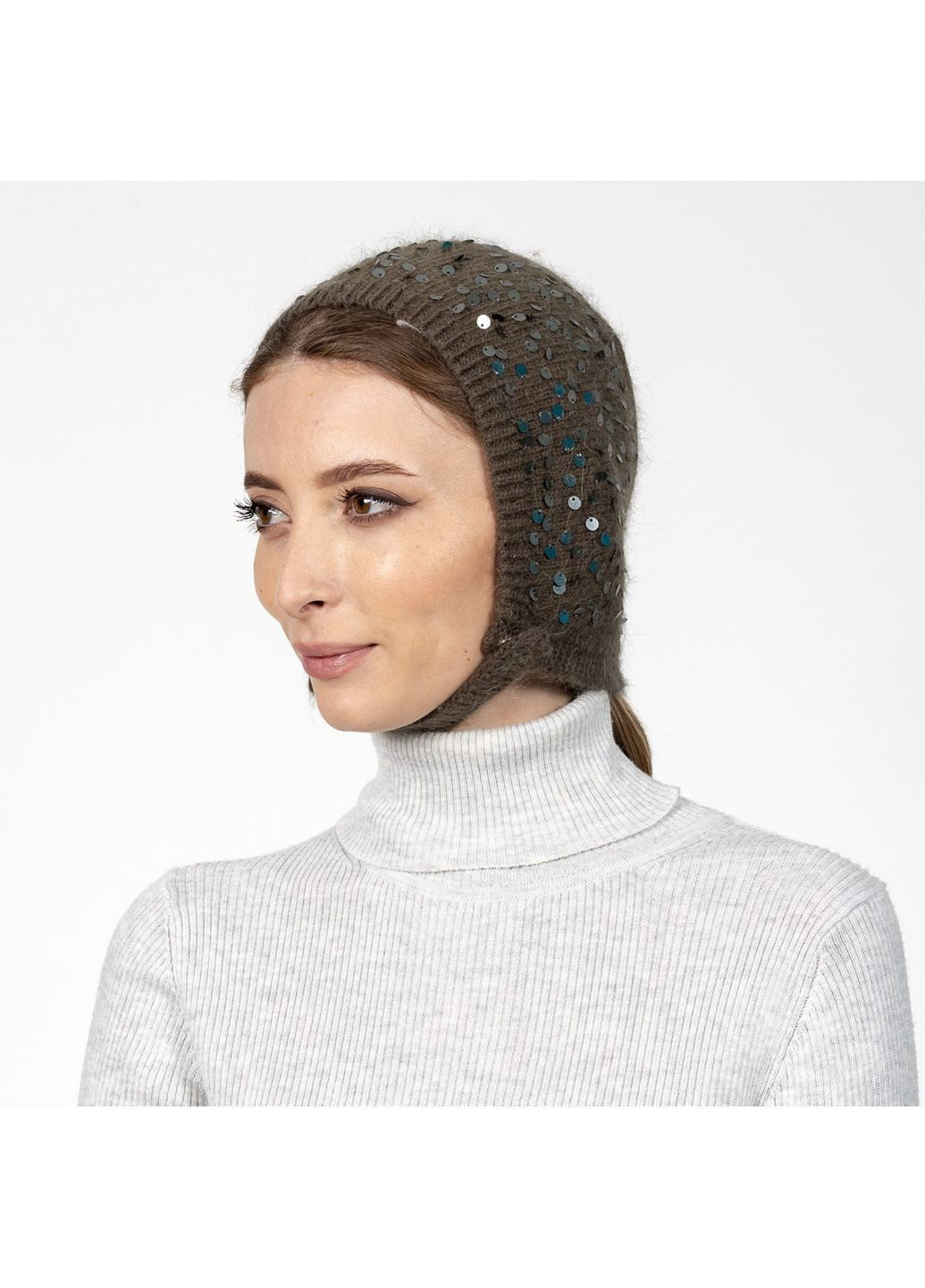 Шапка чепчик с пайетками женская ангора хаки ИВАННА LuckyLOOK 580-800 (322791969)