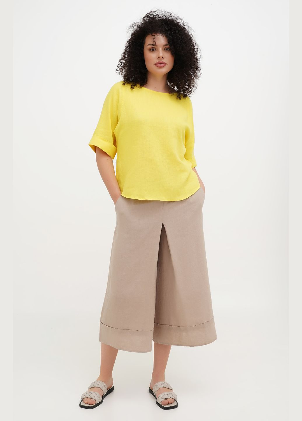 Жовта жіноча вільна оверсайз блуза футболка бохо з тонкого льону хільда, великі розміри., р., код 9439/56/1179 ГАЛЕРЕЯ ЛЬОНУ