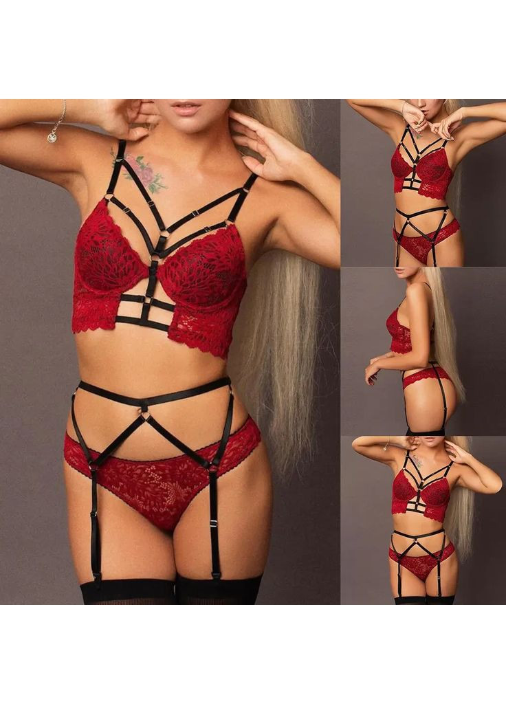 Красный демисезонный красный кружевной комплект нижнего белья с поясом с подвязками. красное женское белье прозрачное для секса China