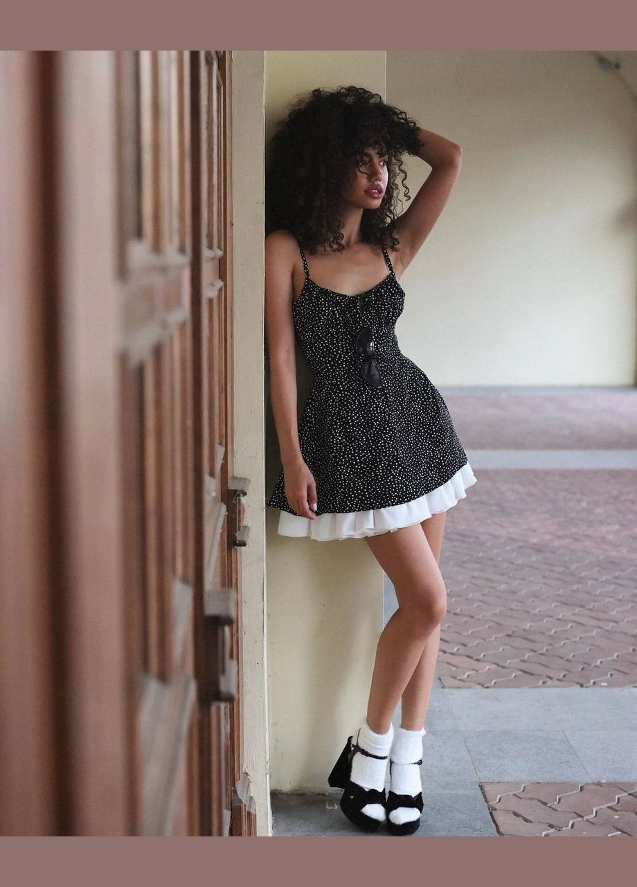 Летний женский чёрный летний сарафан+юбка в крапочку из качественного софта, короткий сарафан с открытым декольте и без рукава No Brand в горошек
