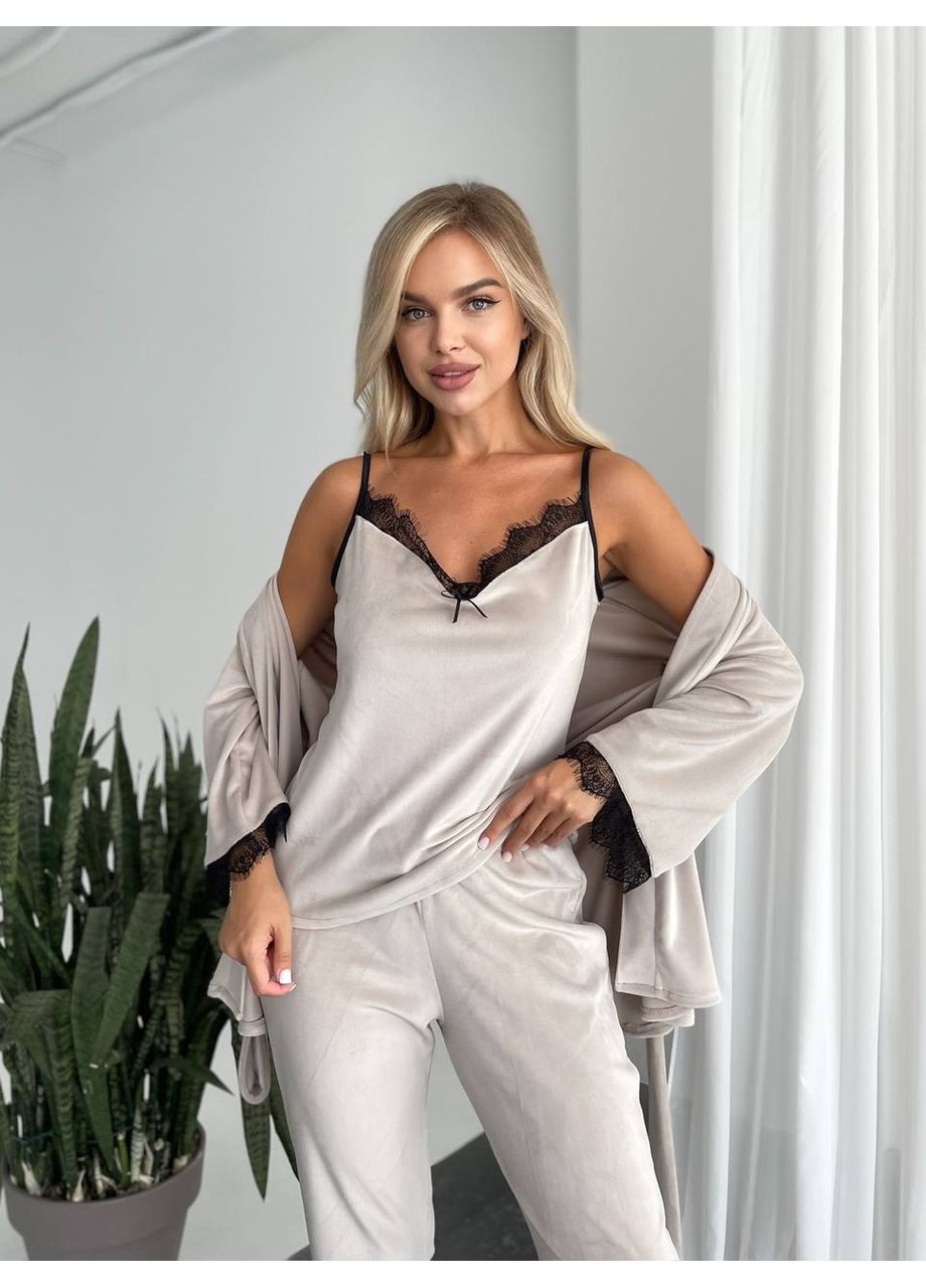 Бежевая всесезон велюровый домашний костюм тройка Fashion