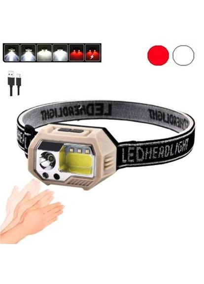 Налобный фонарь аккумуляторный 2 фонаря COB красный свет USB Type-C для туристов и рыбалки с сенсорным переключателем ProDobro (365443093)