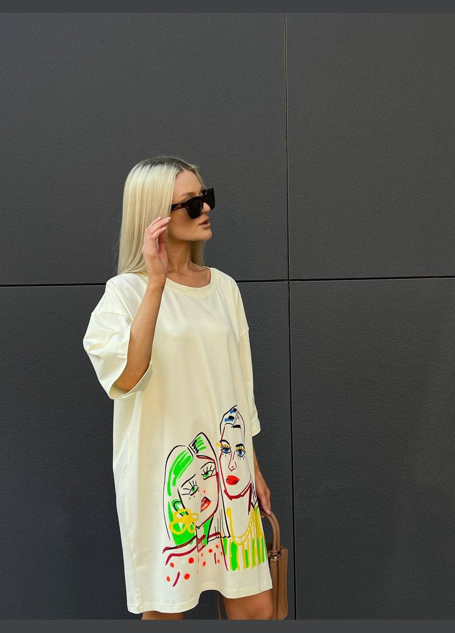 Кремовое спортивное, домашнее, пляжное, повседневный женское платье-футболка No Brand