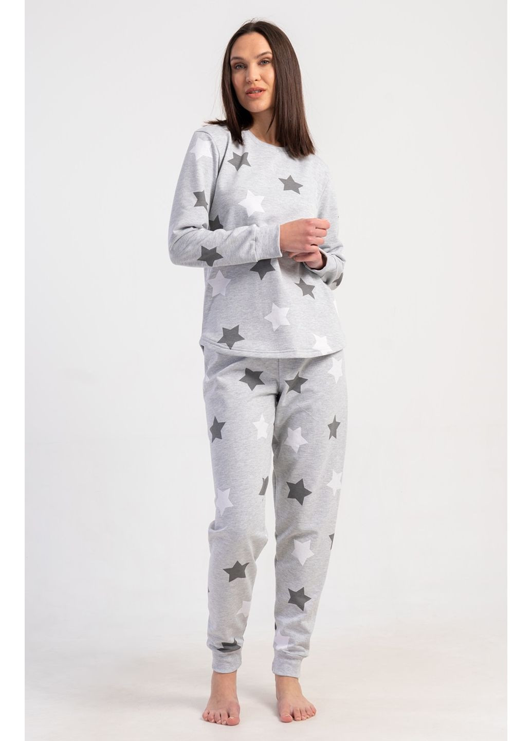 Сіра зимня піжама с начосом бавовняна жіноча зірки (кофта, штани) лонгслів + брюки Vienetta
