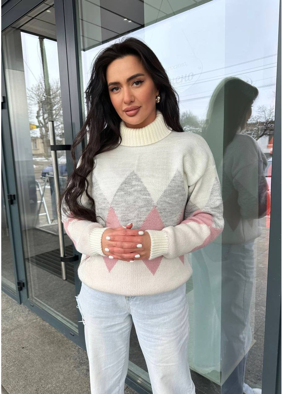 Молочный зимний тёплый полушерстяной свитер romb с высоким горлом! пуловер BANG__BOOOM